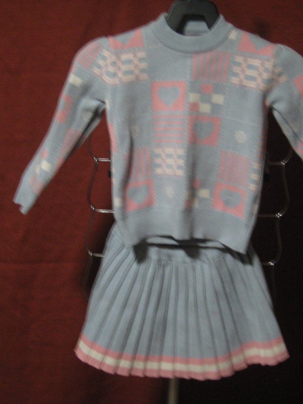 Vintage 80s Girls Pastel Knit Sweater Skirt Set Hearts Checkered Light Blue